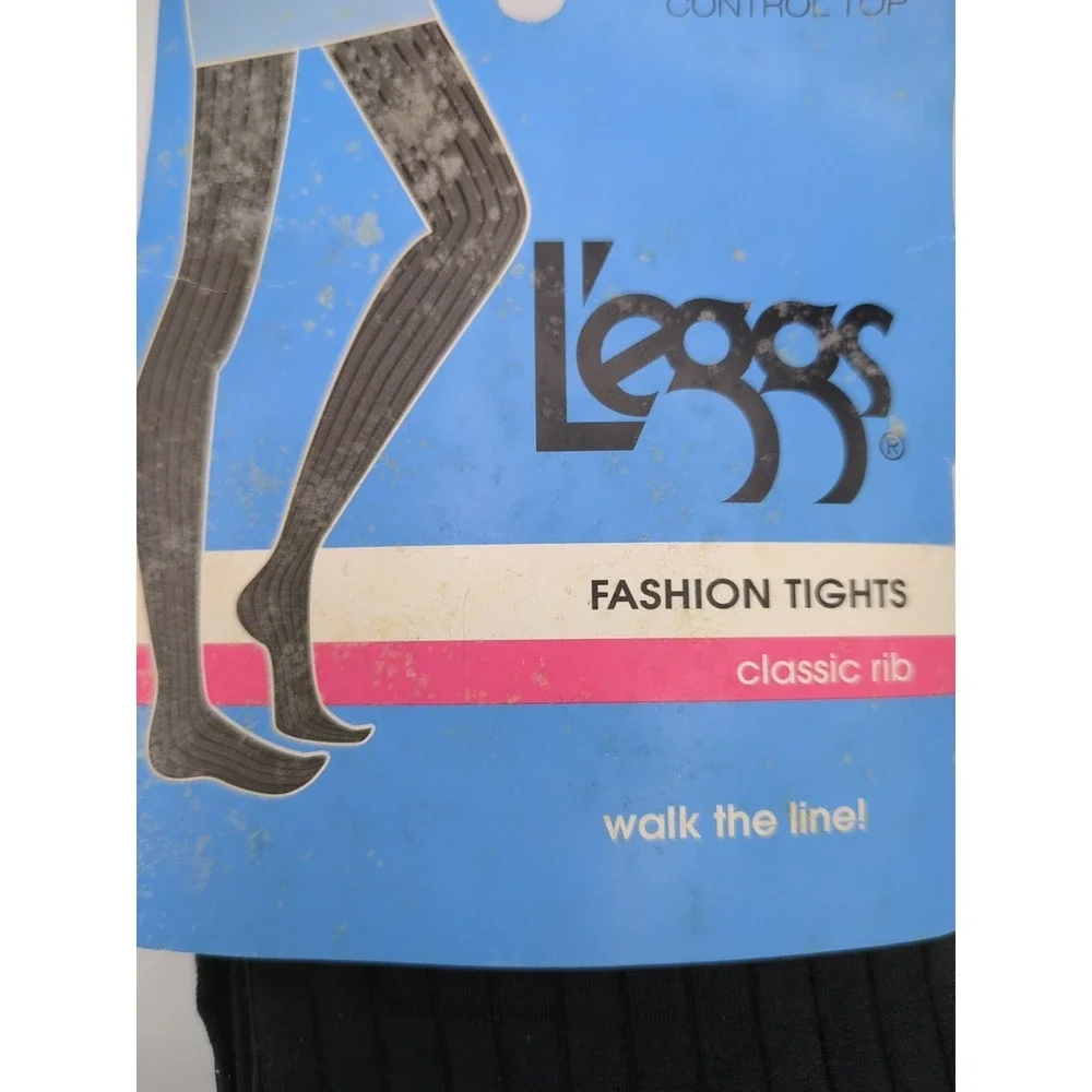 L'eggs 1 Pair Tights Size B Textured Jet Black Ribbed Fashion Opaque Spring Fall